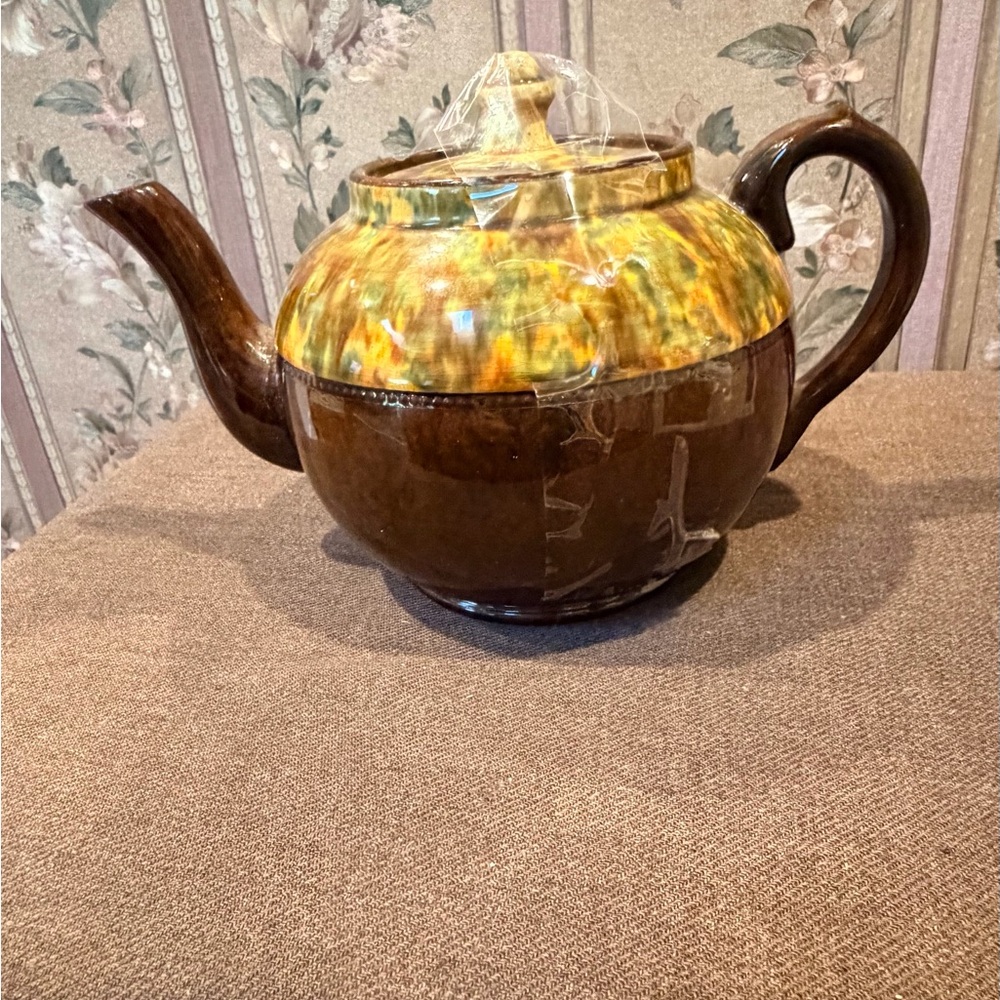 Vintage Ceramic Teapot with Brown and Yellow Glaze